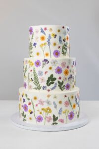 Ein dreistöckiger Kuchen, dekoriert mit bunten essbaren Blumen, darunter violette, gelbe und blaue Blüten. Der Kuchen hat eine glatte weiße Glasur und steht auf einem schlichten grauen Hintergrund.